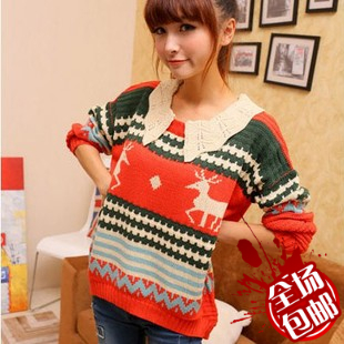 Female winter autumn and winter Women peter pan collar stripe loose onta knitted sweater