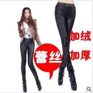 Female winter plus velvet thickening legging faux leather on both sides lace decoration double layer warm pants