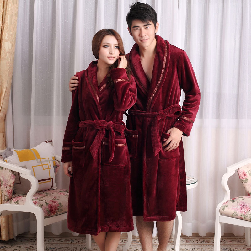 Female winter thickening long-sleeve coral fleece sleepwear at home service set winter lovers robe male thickening bathrobe