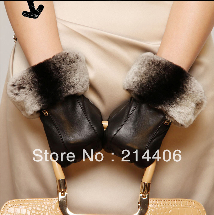 female winter warm sheepskin leather gloves dress  for party polyester linen with rex rabbit fur trim black and white us mint