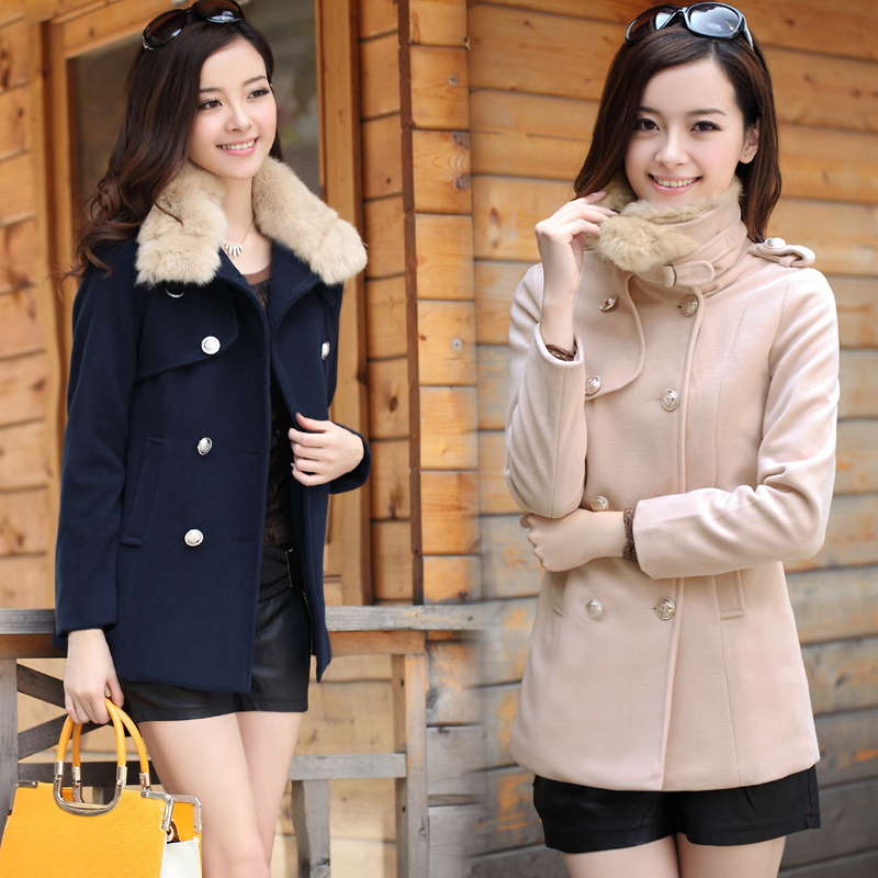 Female wool overcoat rabbit fur medium-long double-breasted wool coat slim trench outerwear