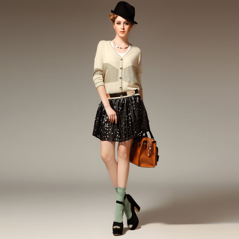 Fimoca2012 fashion elegant fashion personality cute cutout PU puff skirt leather skirt