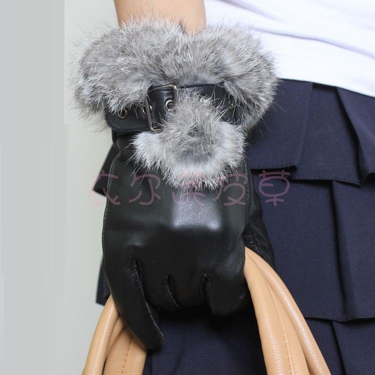 Fine leather gloves women's new rabbit hair mouth leather gloves winter lady sheepskin gloves winter