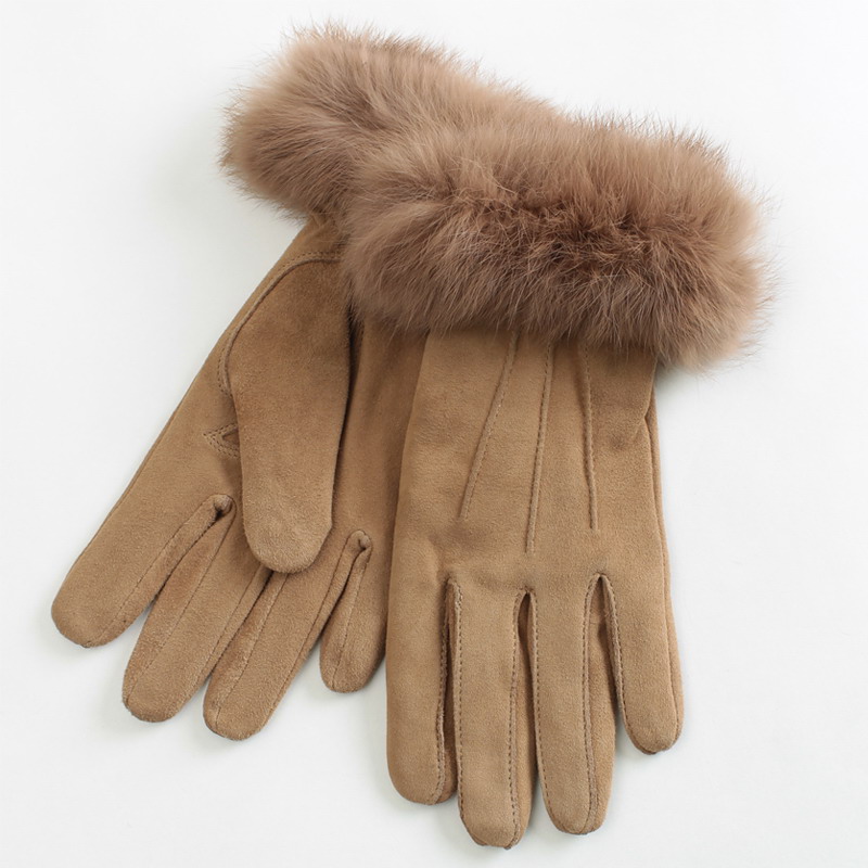 Finger gloves autumn and winter thermal women's double layer rabbit fur genuine leather finger gloves gs632