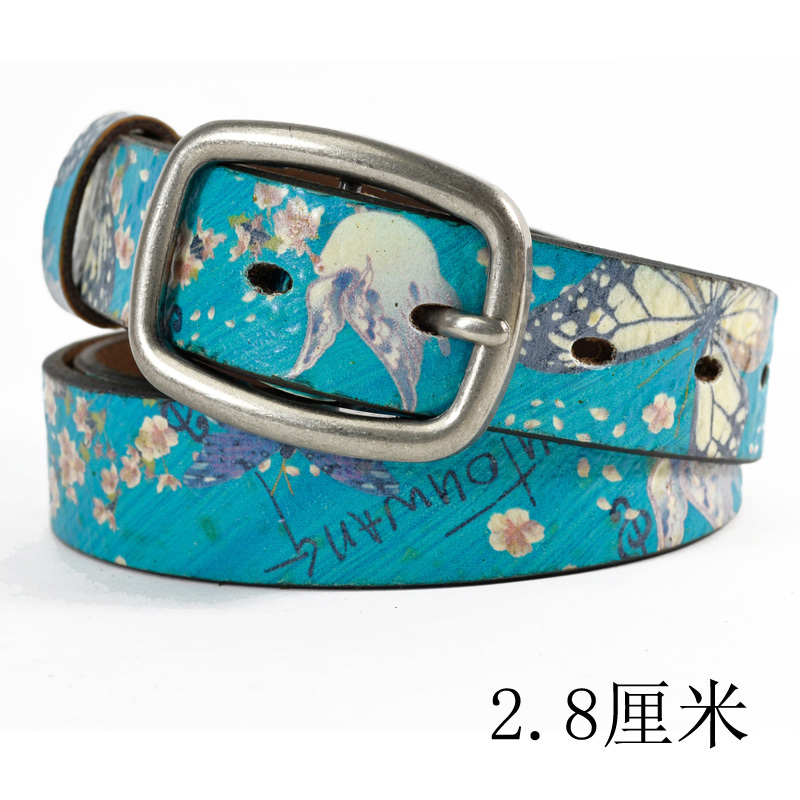 First layer of cowhide women's strap butterfly print peace dove genuine leather belt fashion vintage personality