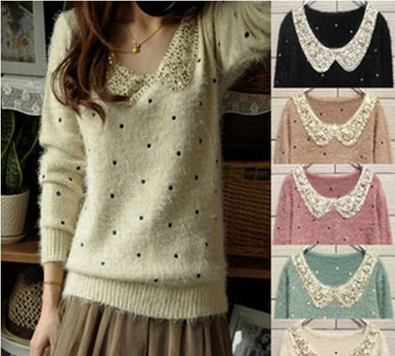 Five Colors 2012 Autumn Winter Women's Wool Sequined Peter-Pan Collar Long Sleeve Dots Sweater Pullover