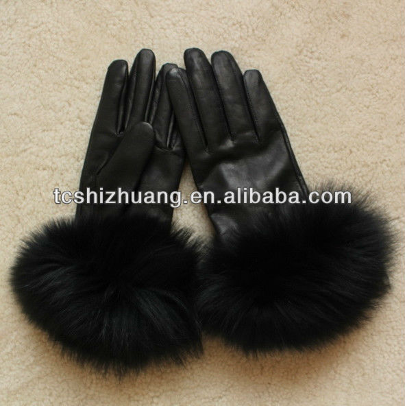 five fingers with fox fur women sheep leather glove  ,fashion women gloves