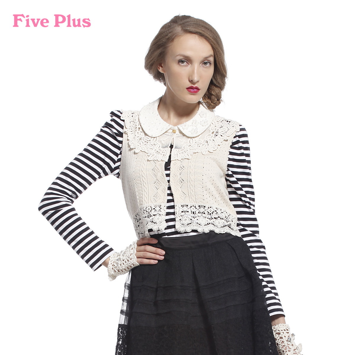 Five plus female autumn cotton patchwork lace short design slim woven vest cardigan 2116032990