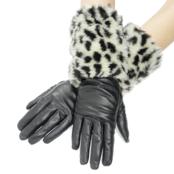 Fleece black women's genuine leather ruslana korshunova winter leopard print villus wrist support soft and comfortable female