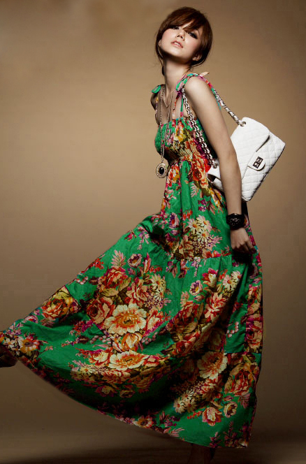 Floral Printed Green Spaghetti Strap Maxi Casual Ankle-Length Dress