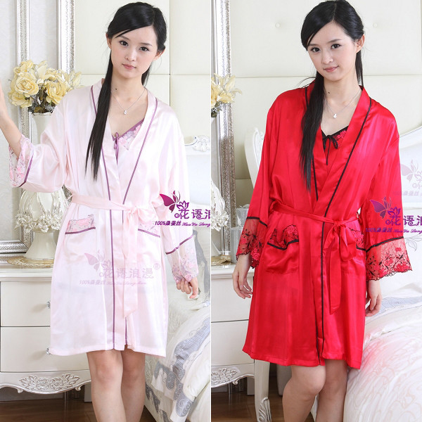 Florid romantic pure silk sleepwear female mulberry silk robe bathrobes embroidered spaghetti strap twinset d009