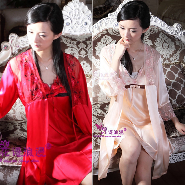 Florid romantic pure silk sleepwear female mulberry silk robe bathrobes sexy spaghetti strap twinset d008