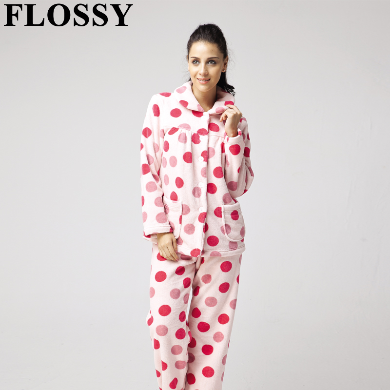 Flossy high quality coral fleece sleepwear o-neck polka dot lounge set women's b523207