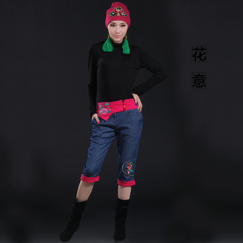 Flower 2013 original design national trend embroidered mid waist slim jeans