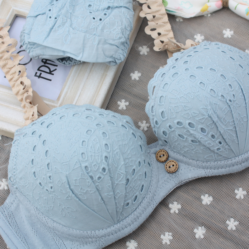 Flower button vintage blue pink cotton bra set underwear set