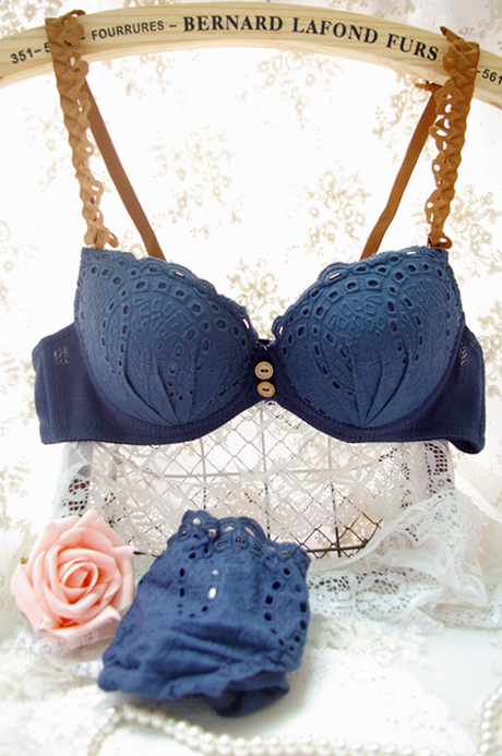 Flower button vintage blue pink cotton bra set underwear set