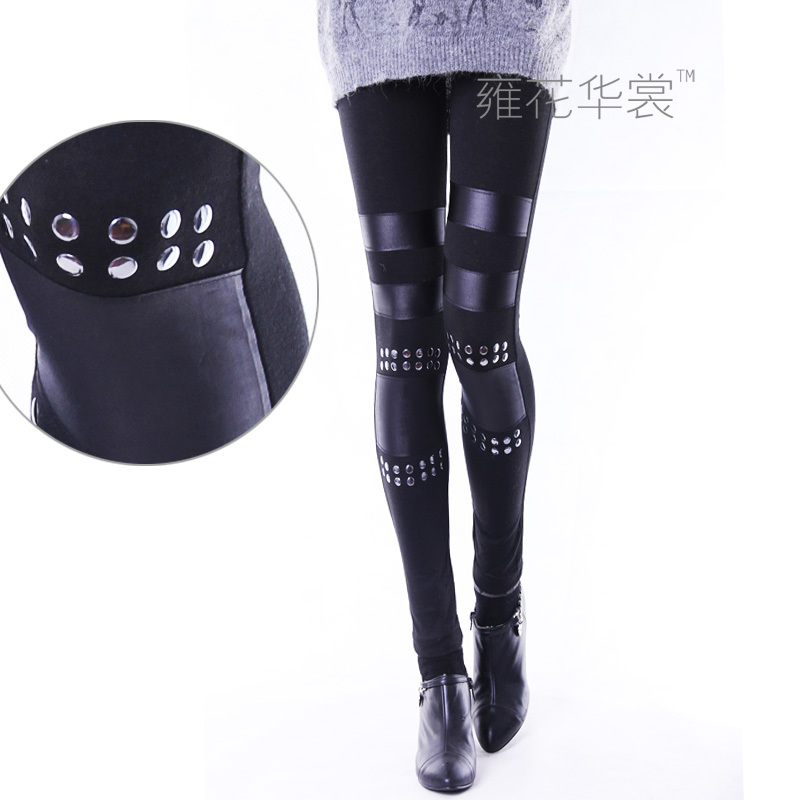 Flower cotton rivet ankle length trousers faux leather patchwork legging autumn and winter warm pants boot cut jeans