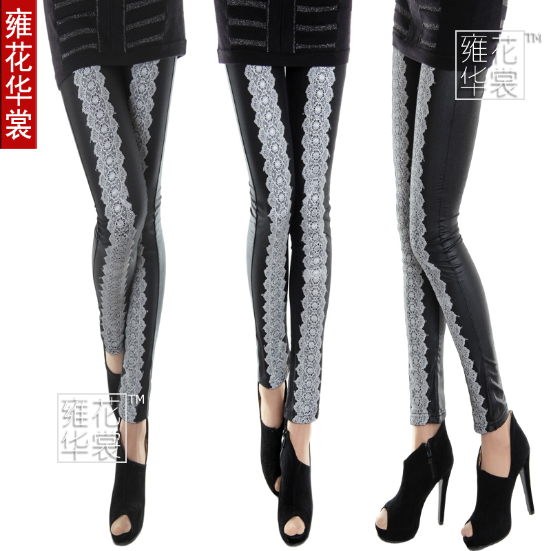 Flower gauze legging lace ankle length legging female faux leather lace patchwork pants 0011