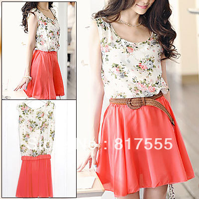 Flower Print Scoop Neck Sleeveless Elastic Waist Chiffon Dress XS for Women