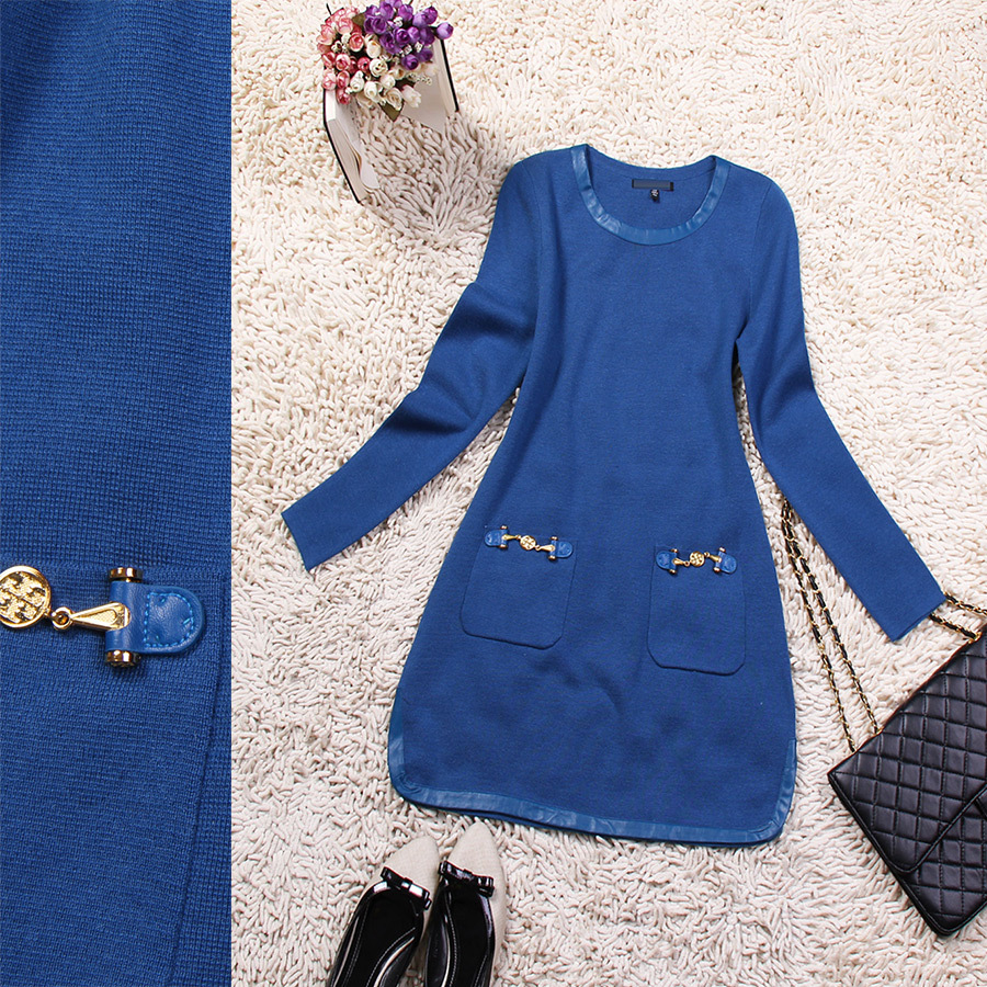 Flowers 2012 autumn and winter o-neck hasp pocket top leather wool one-piece dress 22a1213