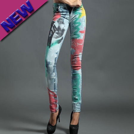 ForEverU Free Shipping Women Personality Elastic Fashion Flowers Printed Slim Casual Pencil Pants Jeans