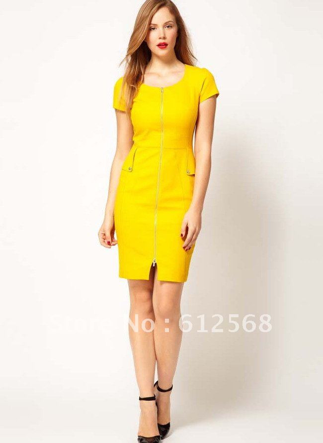 Formal Work Tailored Commute Dresses. Yellow Short sleeves Pencil Dress for Evening Party Red, Black Blue MR038