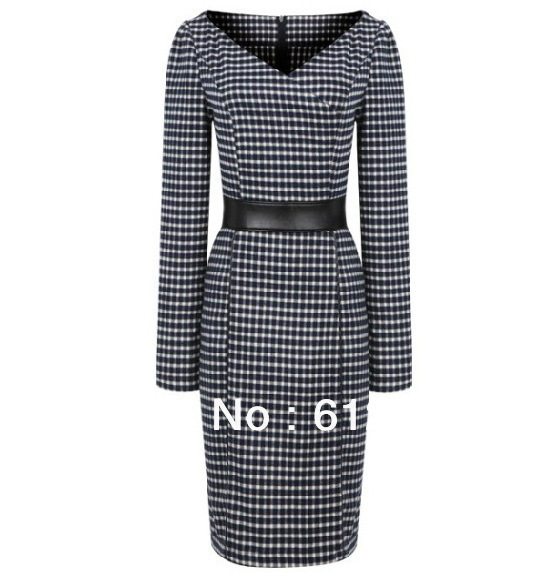 Formal Work Tailored Office Career Commute Dresses. Sexy Full Sleeves Woolen Plaid Pencil Dress V-neck Leather Belt IR066