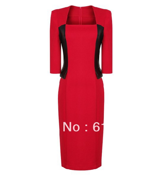 Formal Work Tailored Office Career Commute Dresses. Sexy Women's Full Leather Pencil Dress Square neck Blue Red IR032