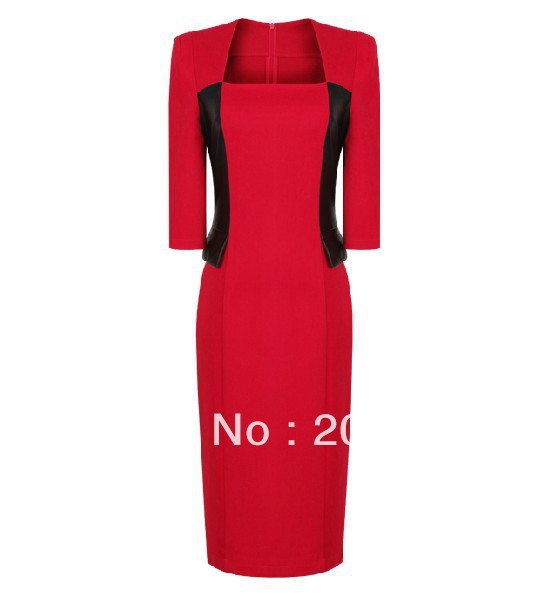 Formal Work Tailored Office Career Commute Dresses. Sexy Women's Full Woolen Leather Pencil Dress Square neck Blue Red IR032