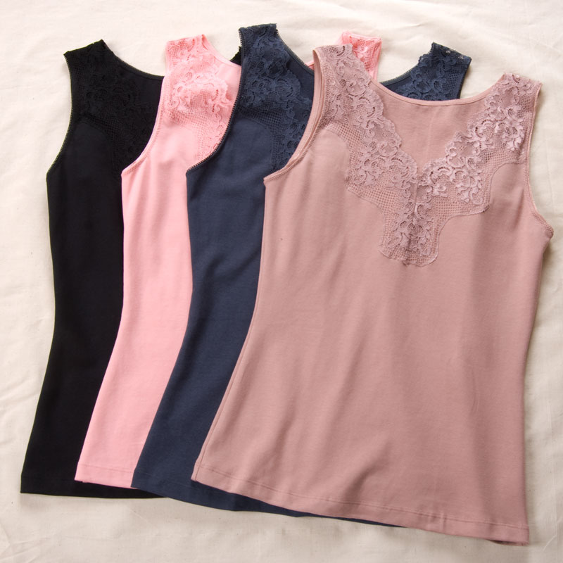 Four seasons basic vest Women lace decoration V-neck cotton vest 2305