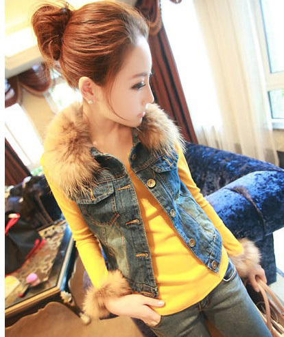 Fox fur collar water wash wearing white vintage retro finishing cotton entresol lining all-match denim vest ,Free shipping