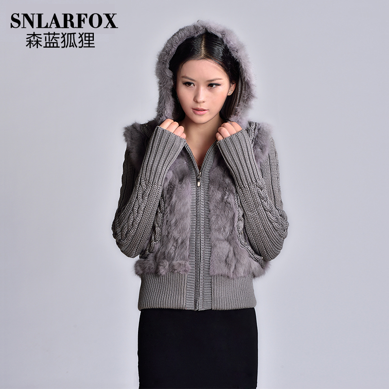 Fox rex rabbit hair sweater autumn and winter women short design hooded zipper sweater fur coat