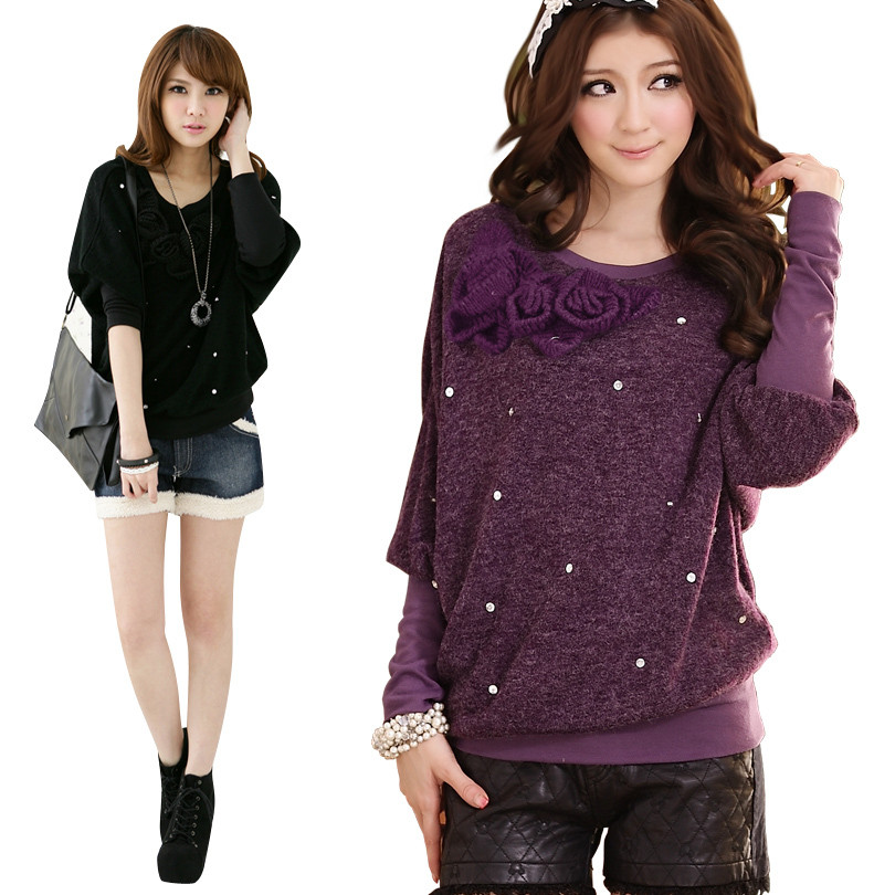 Free ahipping 2012 autumn and winter plus size clothing o-neck loose batwing sleeve beading knitted sweater 1608