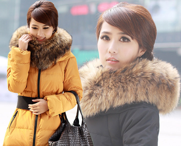 FREE BELT Winter fashion  large faux fur collar female medium-long thickening slim down coats for women  fashion down jacket