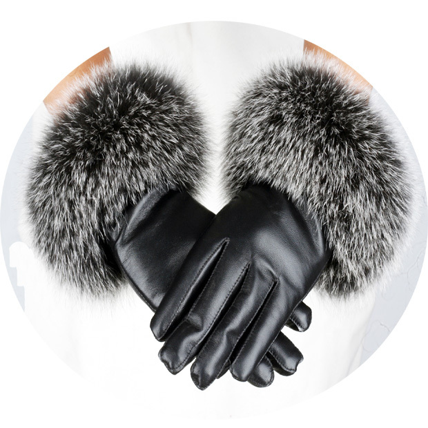 Free delivery Large fox fur sheepskin genuine leather set women's gloves winter thermal