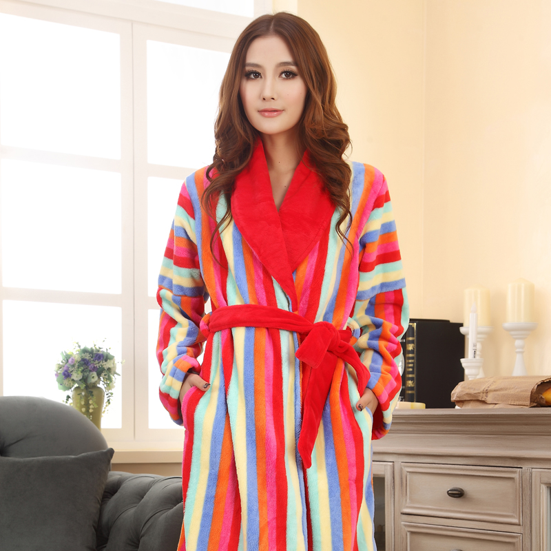 Free delivery Winter new arrival brief stripe women's long-sleeve flannel robe lounge es13577