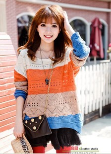 Free delivery women's striped color block decoration knitted sweater