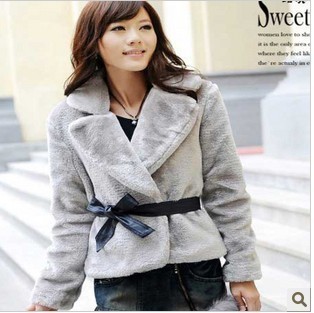 Free drop ship Hot  false soft faux fur rabbit hair lady warm coat korean fashion lady jacket short outwear with belt