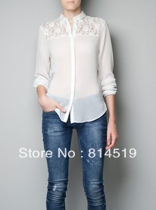 Free/drop shipping 2013 Spring New Style Lace & Chiffon Long Sleeve Shirt Blouses Two Color Available