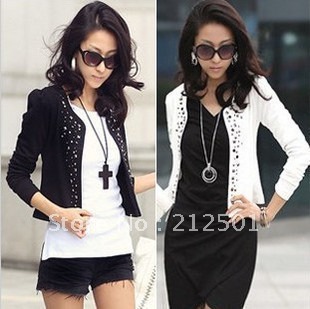 Free Drop shipping factory promotion fashion lady jacket,women's jackets with rivet design,2 colors(black,white) 2 size: M,L