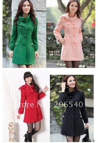 Free /drop shipping Fashion Ladies bowknot Wool Blended Coat Jacket Windbreaker