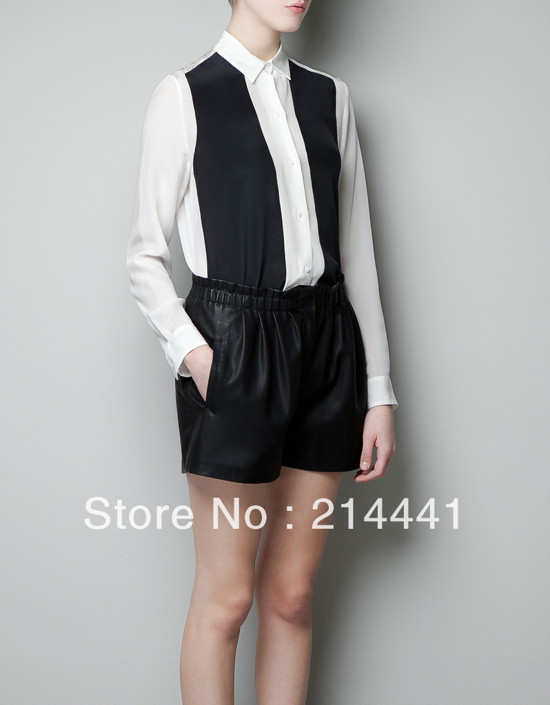 Free/drop shipping NEW ARRIVAL 2013 Spring Chiffon long Sleeve Shirt Blouses Black & White Patchwork Style