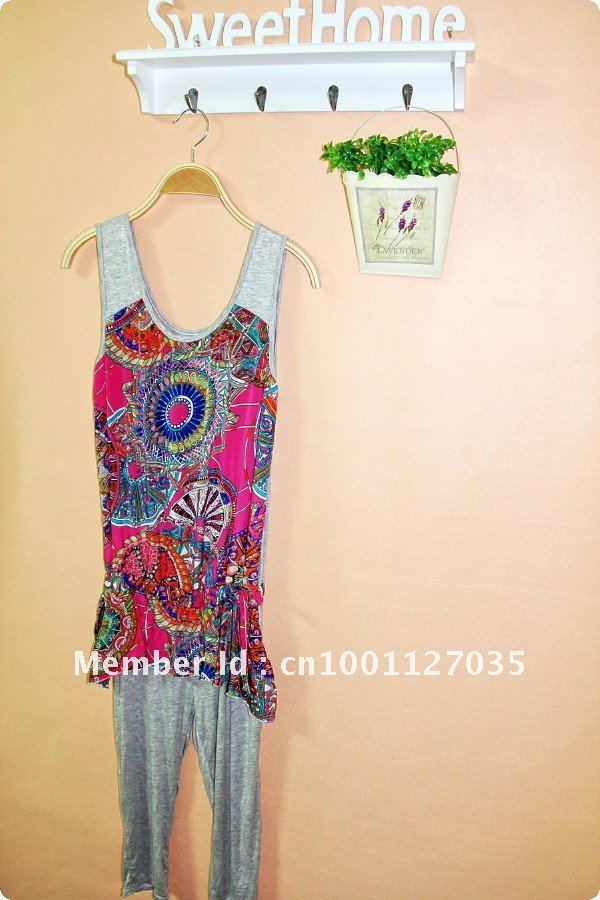 free EMS 2012 hot new women cotton soft casual rompers jumpsuit leggings grey appliques tank top sleeveless summer dress