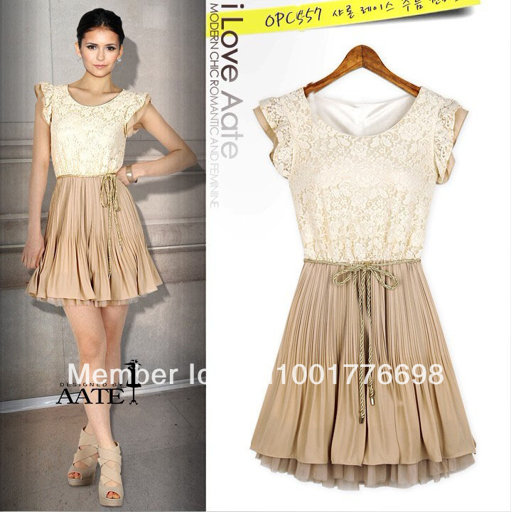 Free&fast shipping  fashion the same style of Nina Dobrev  formal dress ,small butterfly sleeve pleated lace one-piece dress