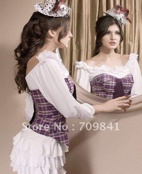 Free HK shipping!Lavender Plaid Corset With Tie lingerie wholesales,victorian lace corset,Lace up Steel Bustier 1225+G-String