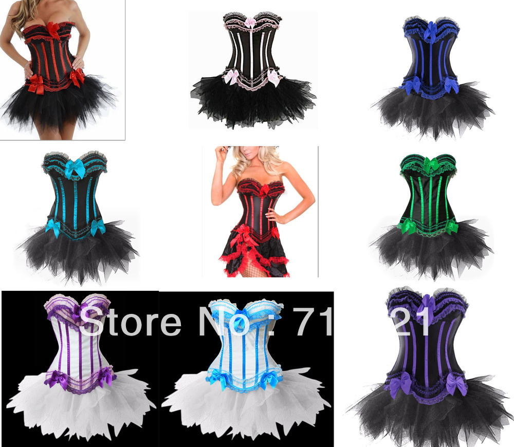 Free P&P Sexy women corset+G String+Mini Tutu Sets,Sexy Shaper for women, Push Up Fringe Falbala Bustier,Boned Bowknots Corset