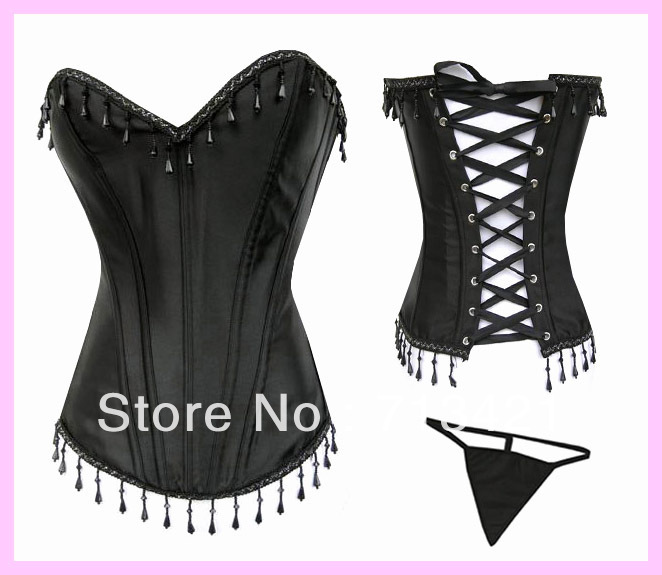 Free P&P Sexy Women Corset+G String Set.Moulin Rouge Corset,Black Push Up Corset.Bandeau Tops Bustier,Pendants Charm Bodysuits