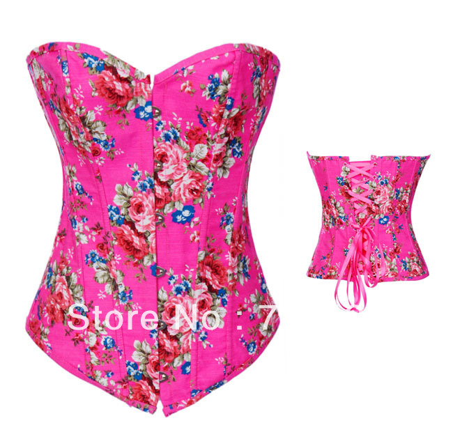 Free P&P Sexy Women Corset+G String Set.Moulin Rouge Corset,Pink Flower Printing Bustier Tops Bodysuit XXL