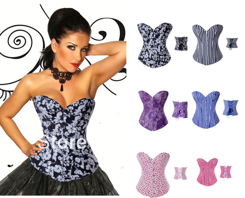 Free P&P Women Printing Corsets+G String Sets,Lace Up bodysuit , Push Up Bustier,Dots,Stripe Shaper for women XXL