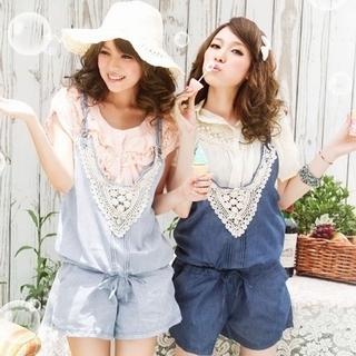 Free services Gentlewomen lace collar drawstring denim bib pants jumpsuit shorts summer jumpsuit female